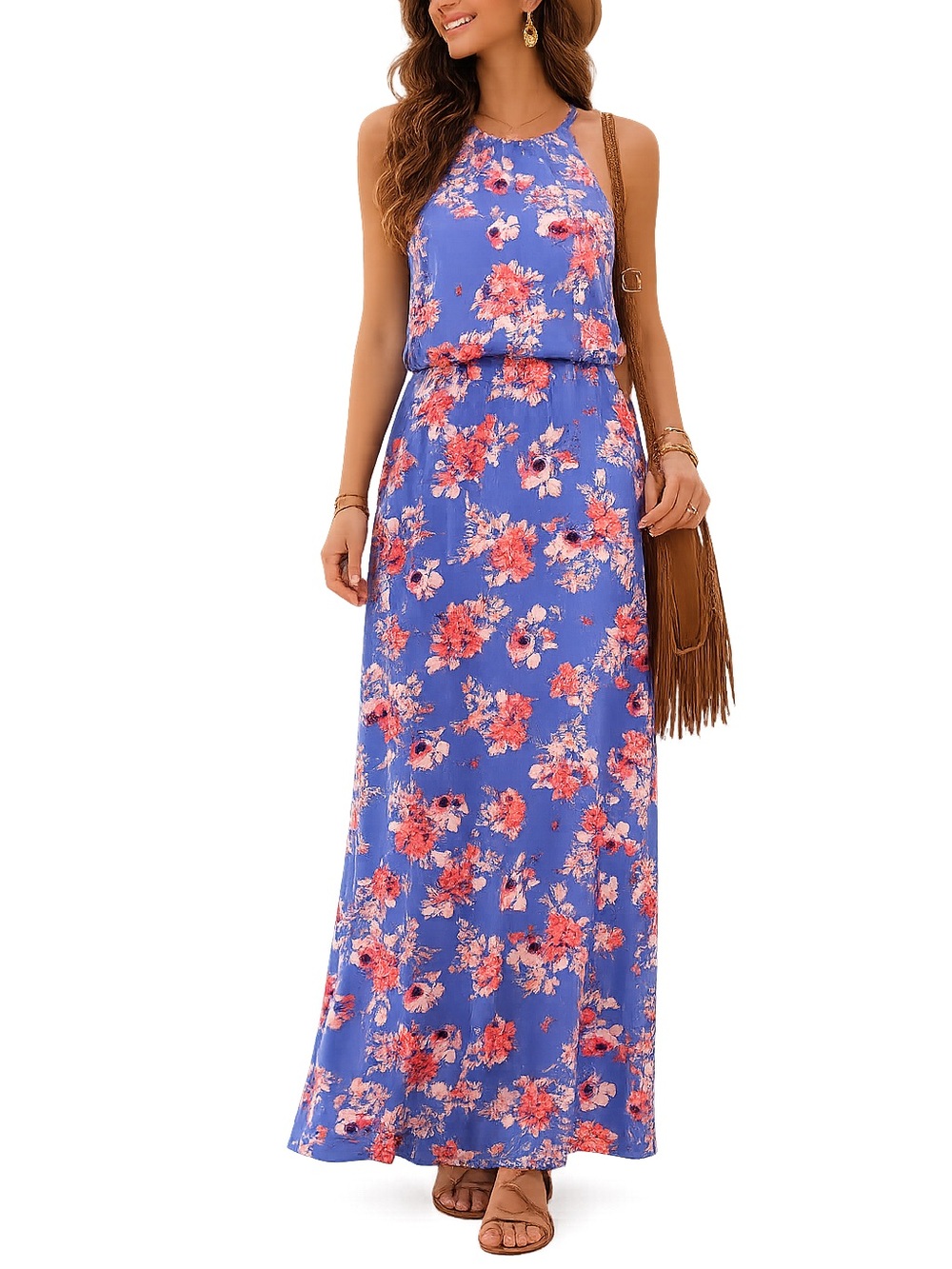 Tabitha Webb blue floral maxi dress with a halter neck empire waist small d2
